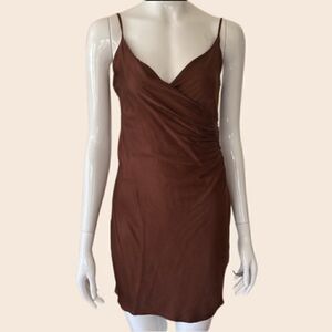 Zara Chocolate Brown Wrap Bust Ruched Side Mini Slip Dress Size XS